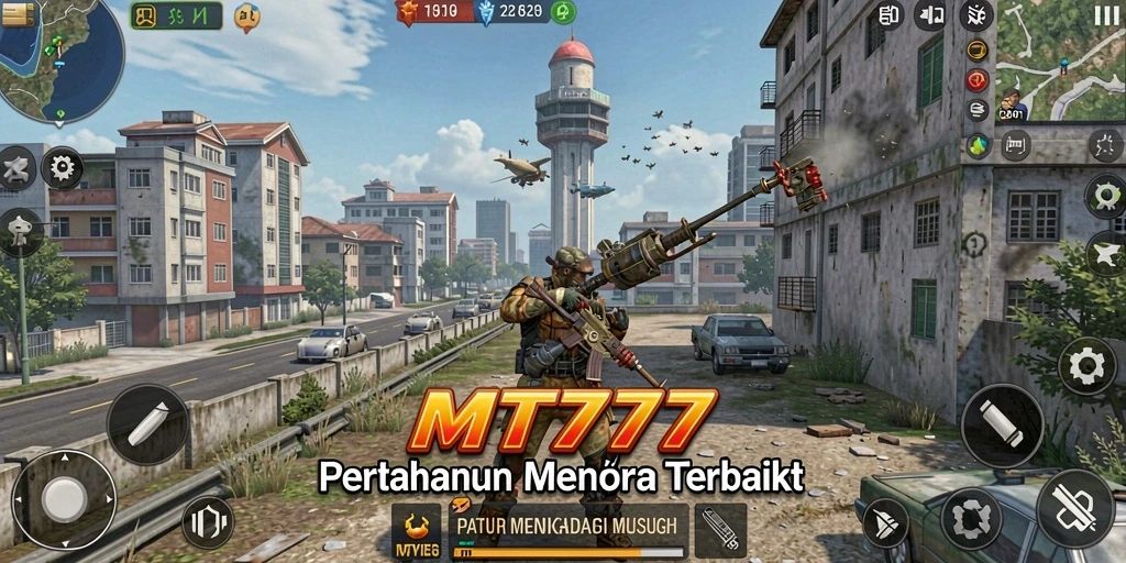 Screenshot gameplay MT777 menampilkan pertahanan menara yang strategis.