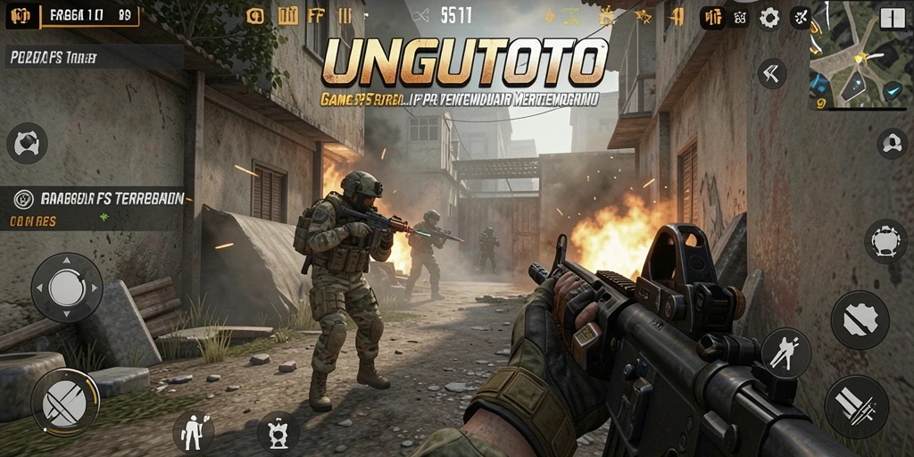 Screenshot utama UNGUTOTO menampilkan aksi pertempuran FPS yang seru.
